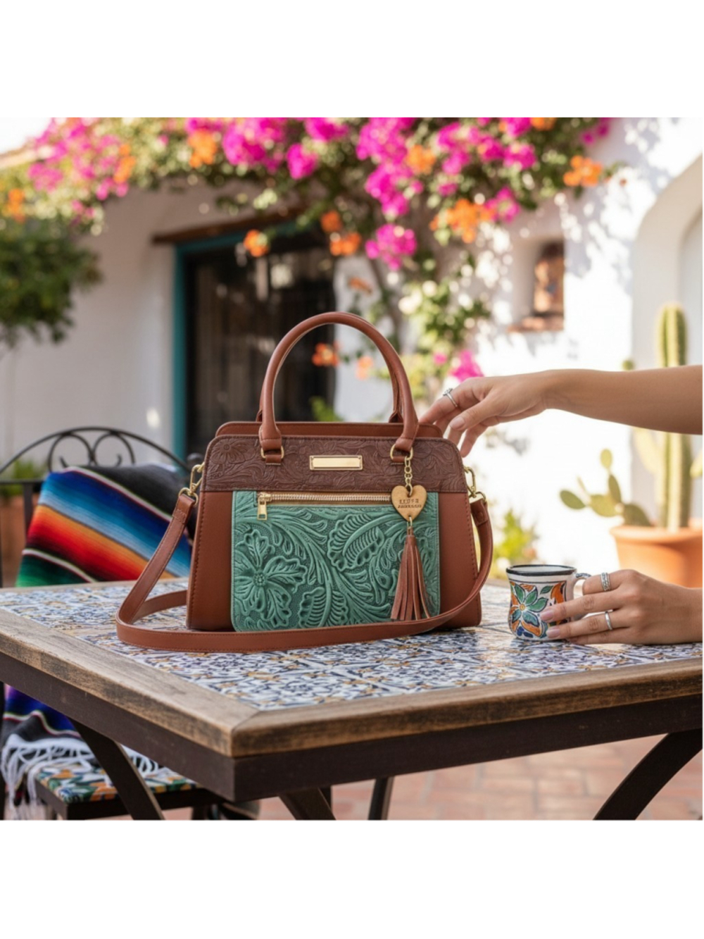Dusty Sage Green Brown FLORAL Tasseled Embossed Tooled Artisan LEATHER Purse Bag